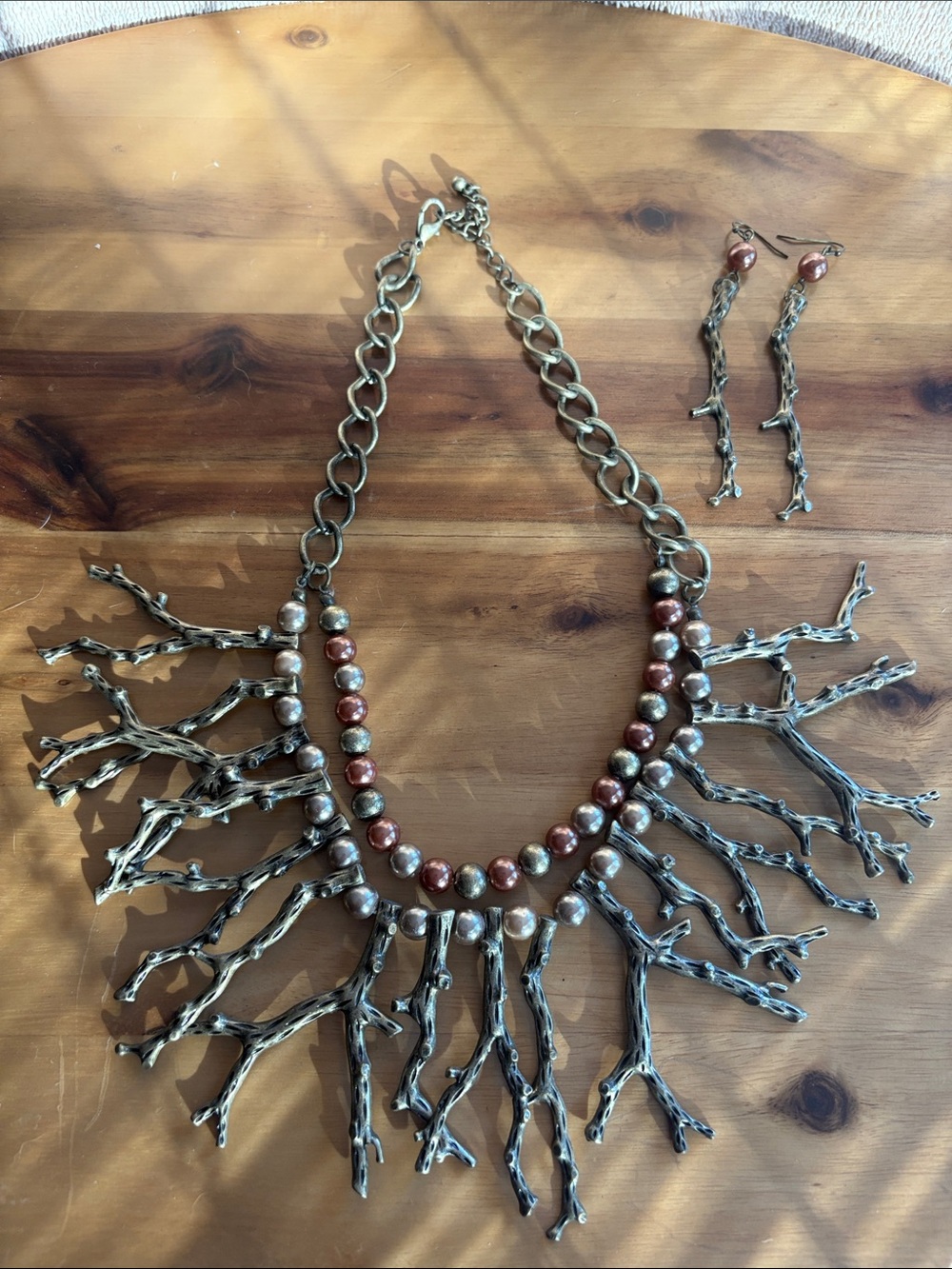 Antiqued Gold Branch Necklace with Brown Pearl Accents